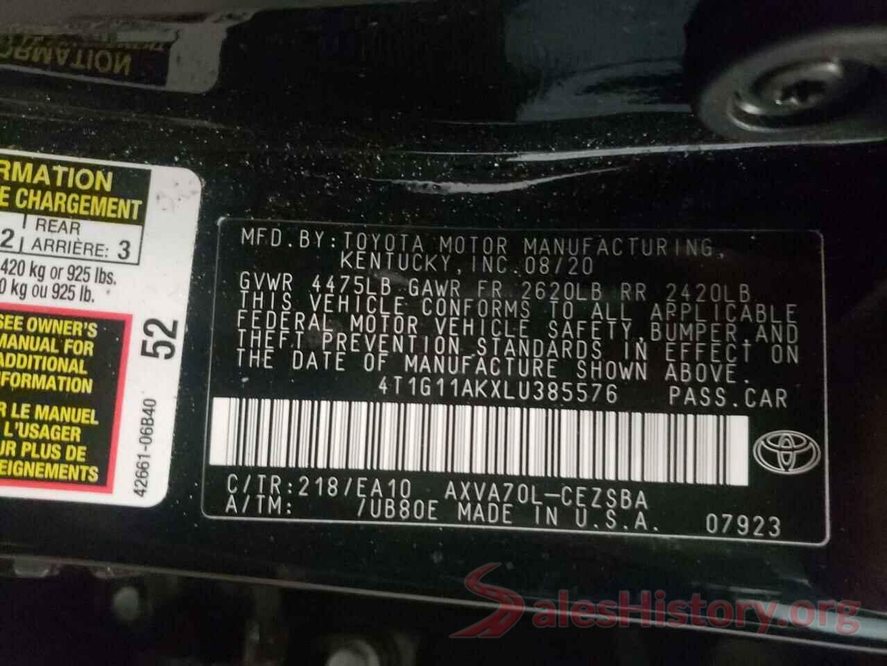 4T1G11AKXLU385576 2020 TOYOTA CAMRY