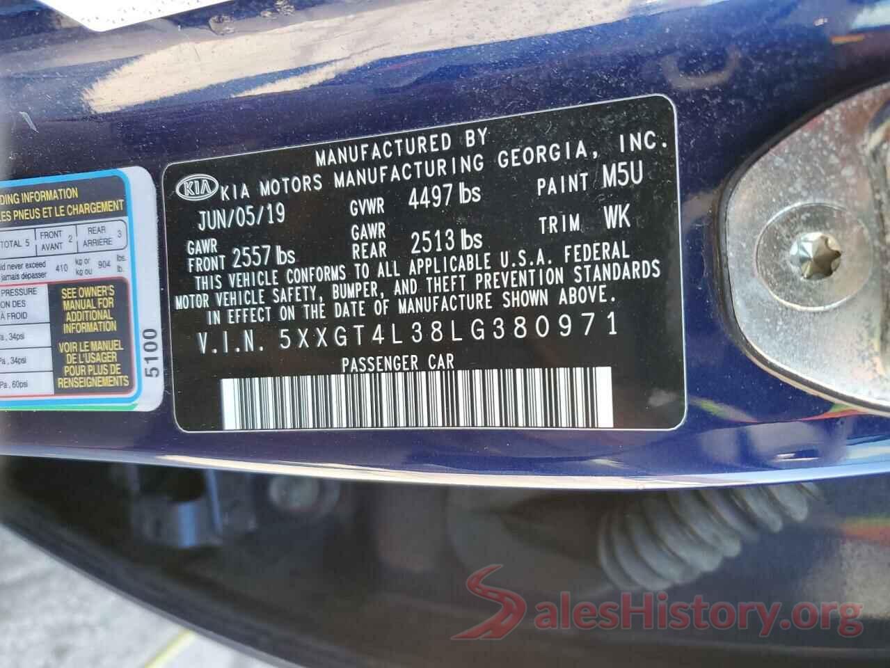 5XXGT4L38LG380971 2020 KIA OPTIMA