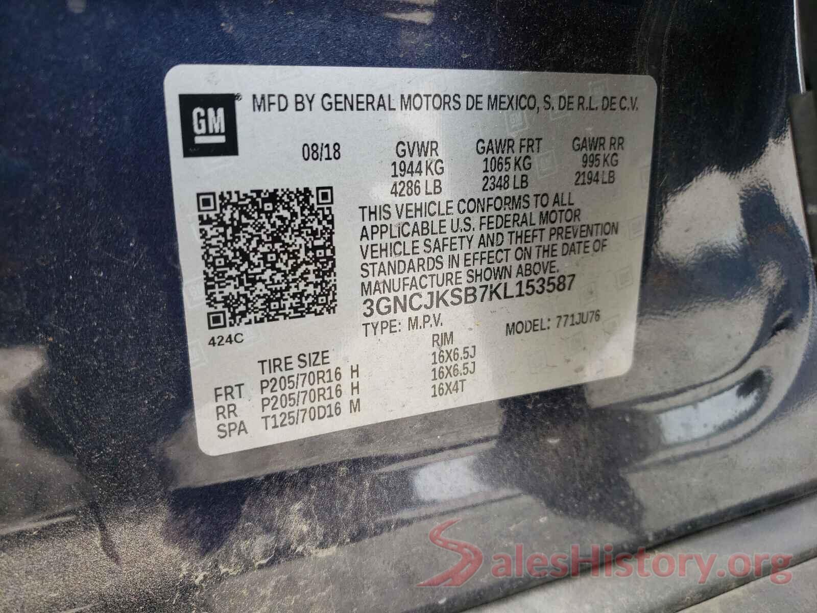 3GNCJKSB7KL153587 2019 CHEVROLET TRAX