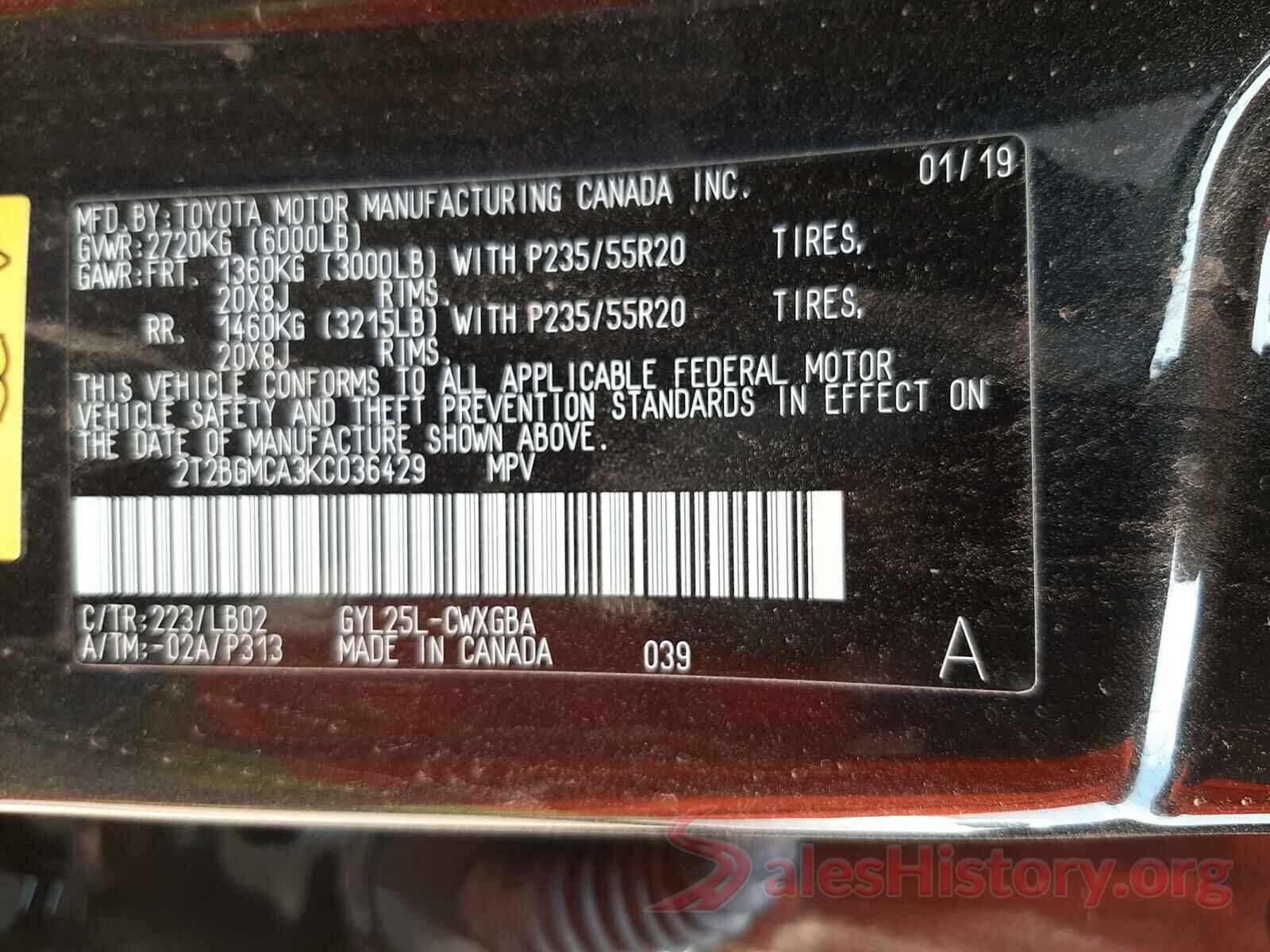 2T2BGMCA3KC036429 2019 LEXUS RX450