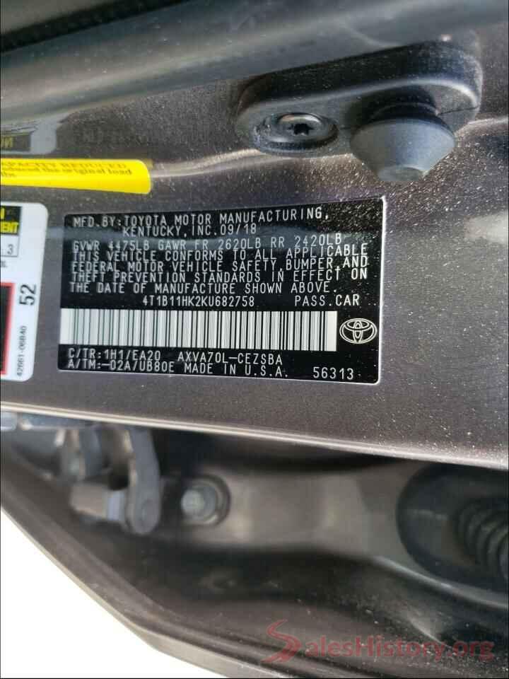 4T1B11HK2KU682758 2019 TOYOTA CAMRY