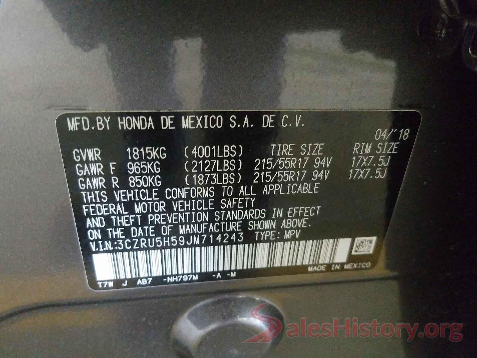 3CZRU5H59JM714243 2018 HONDA HR-V