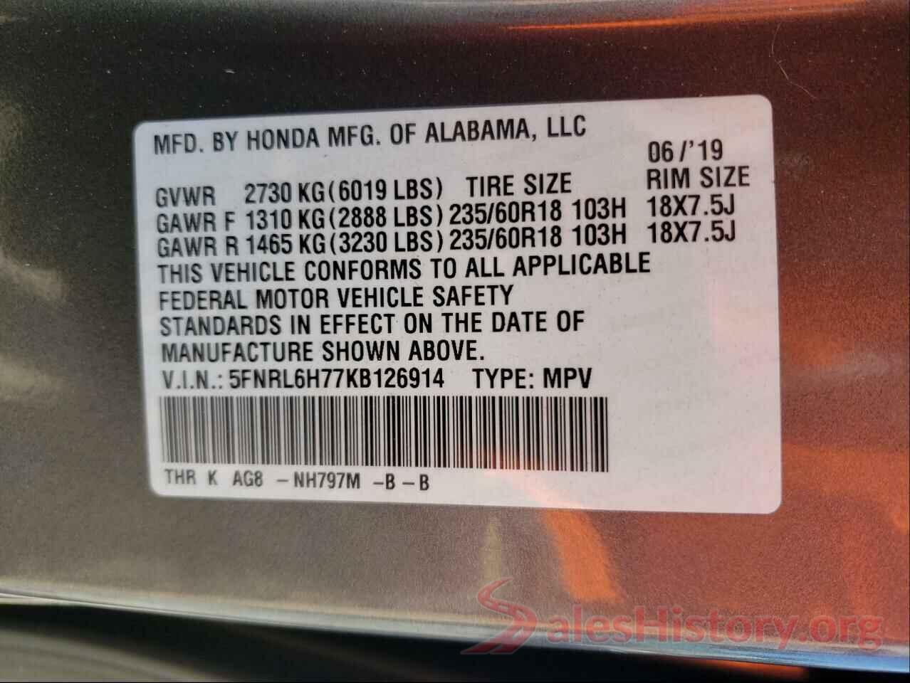 5FNRL6H77KB126914 2019 HONDA ODYSSEY