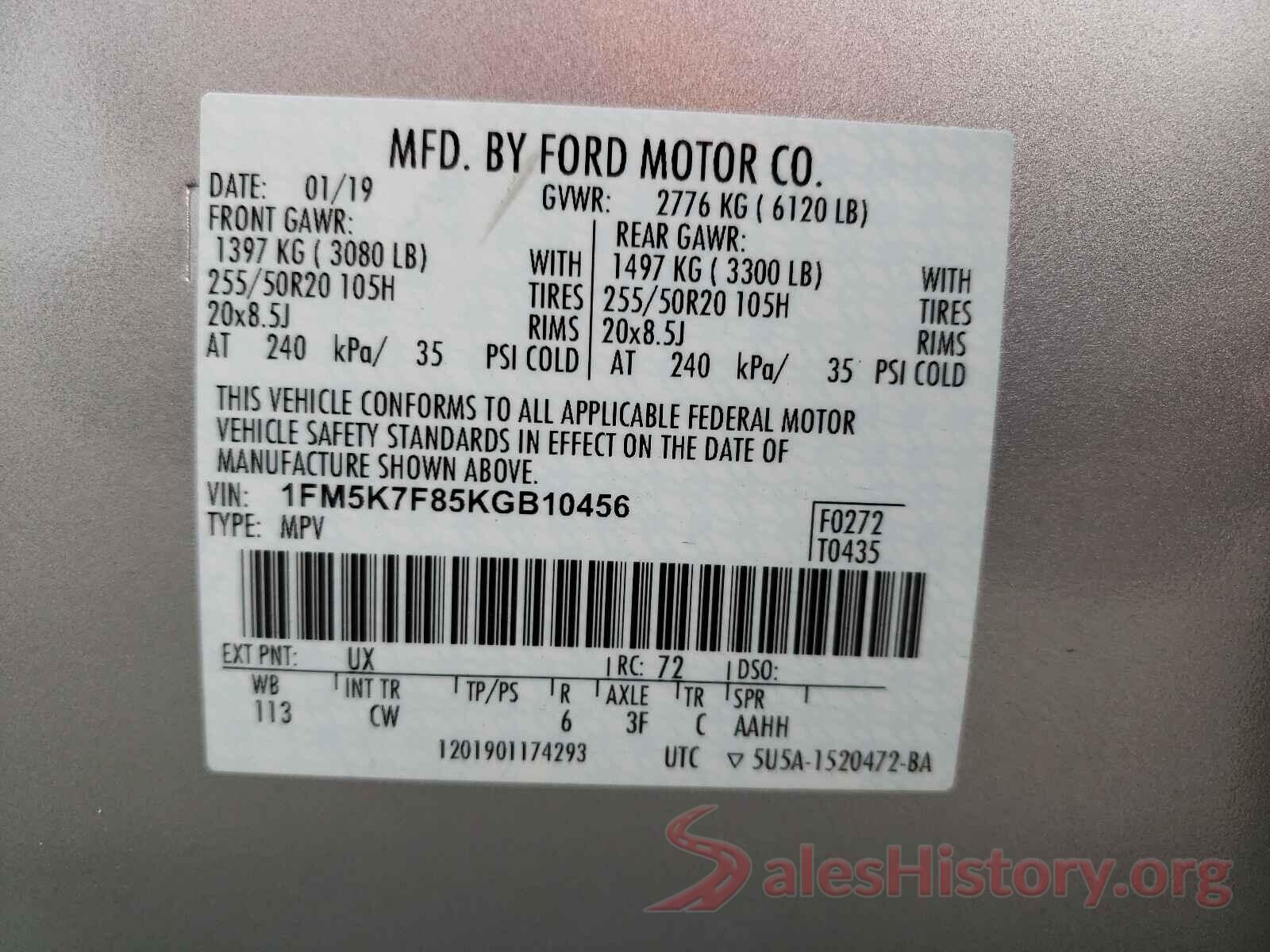 1FM5K7F85KGB10456 2019 FORD EXPLORER