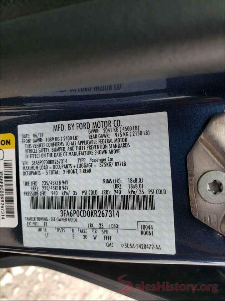 3FA6P0CD0KR267314 2019 FORD FUSION