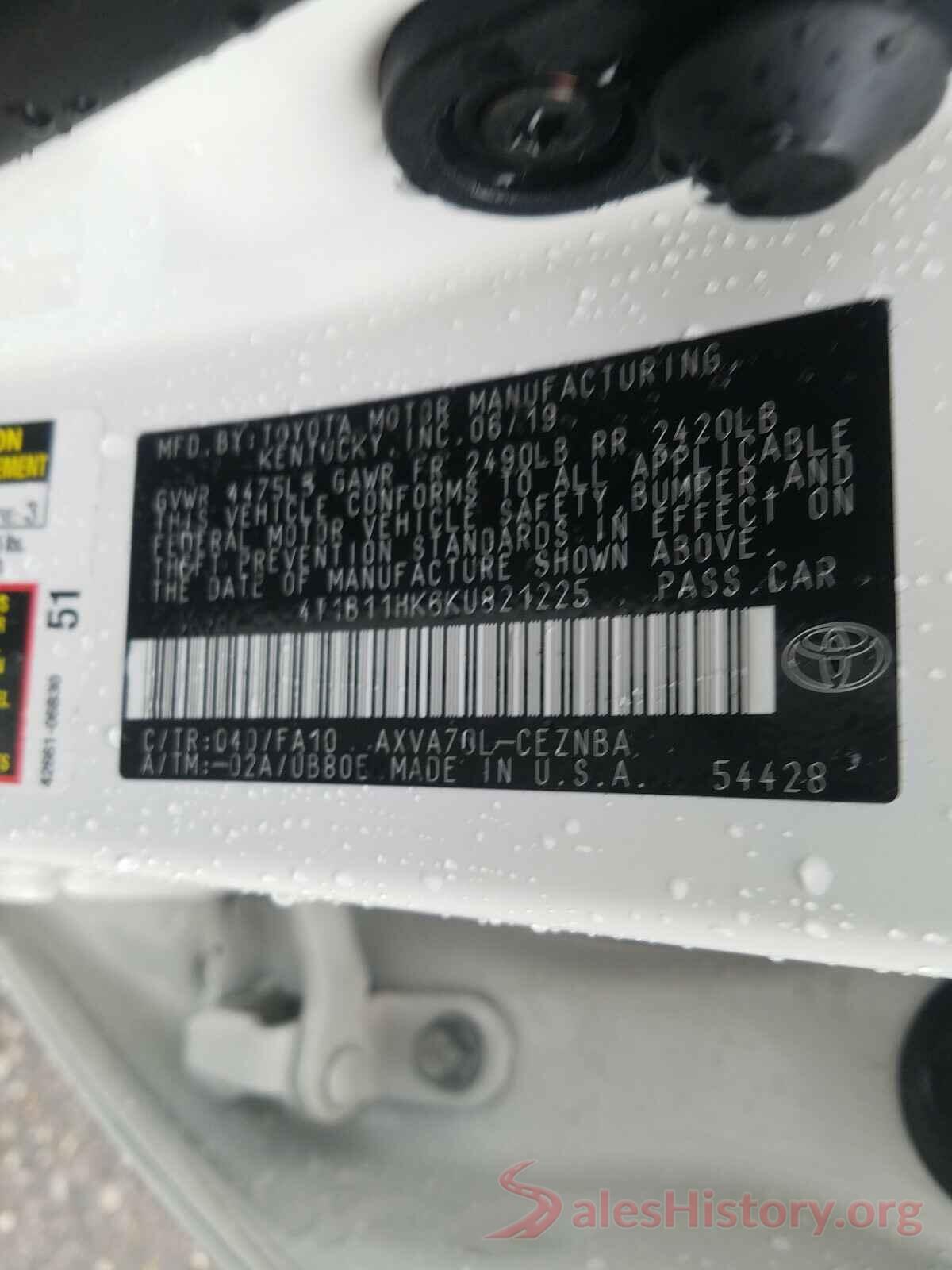 4T1B11HK6KU821225 2019 TOYOTA CAMRY