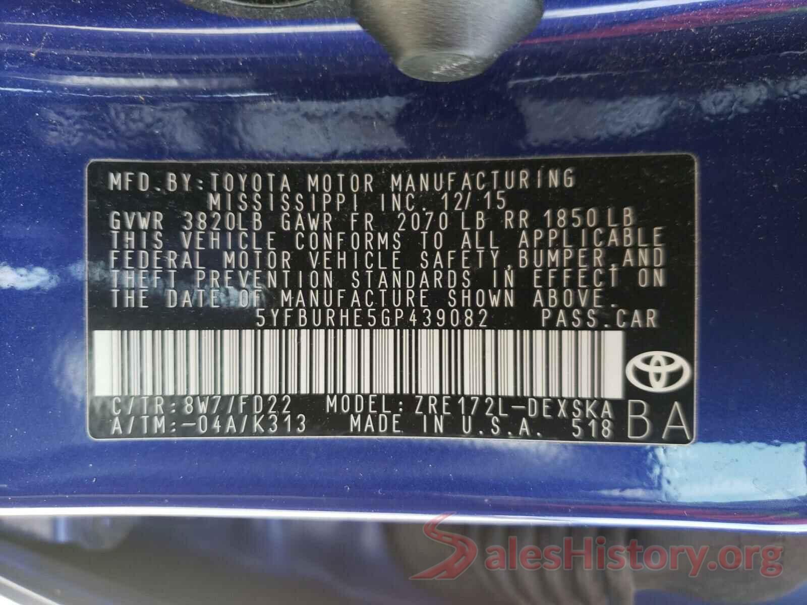 5YFBURHE5GP439082 2016 TOYOTA COROLLA