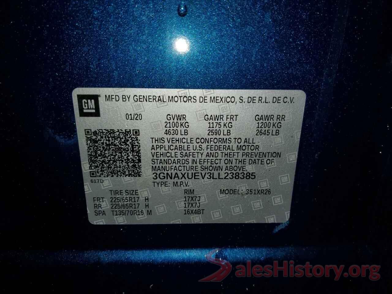 3GNAXUEV3LL238385 2020 CHEVROLET EQUINOX