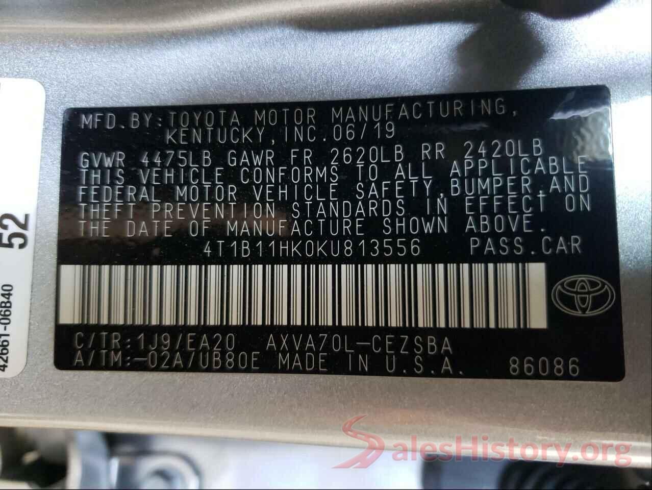 4T1B11HK0KU813556 2019 TOYOTA CAMRY