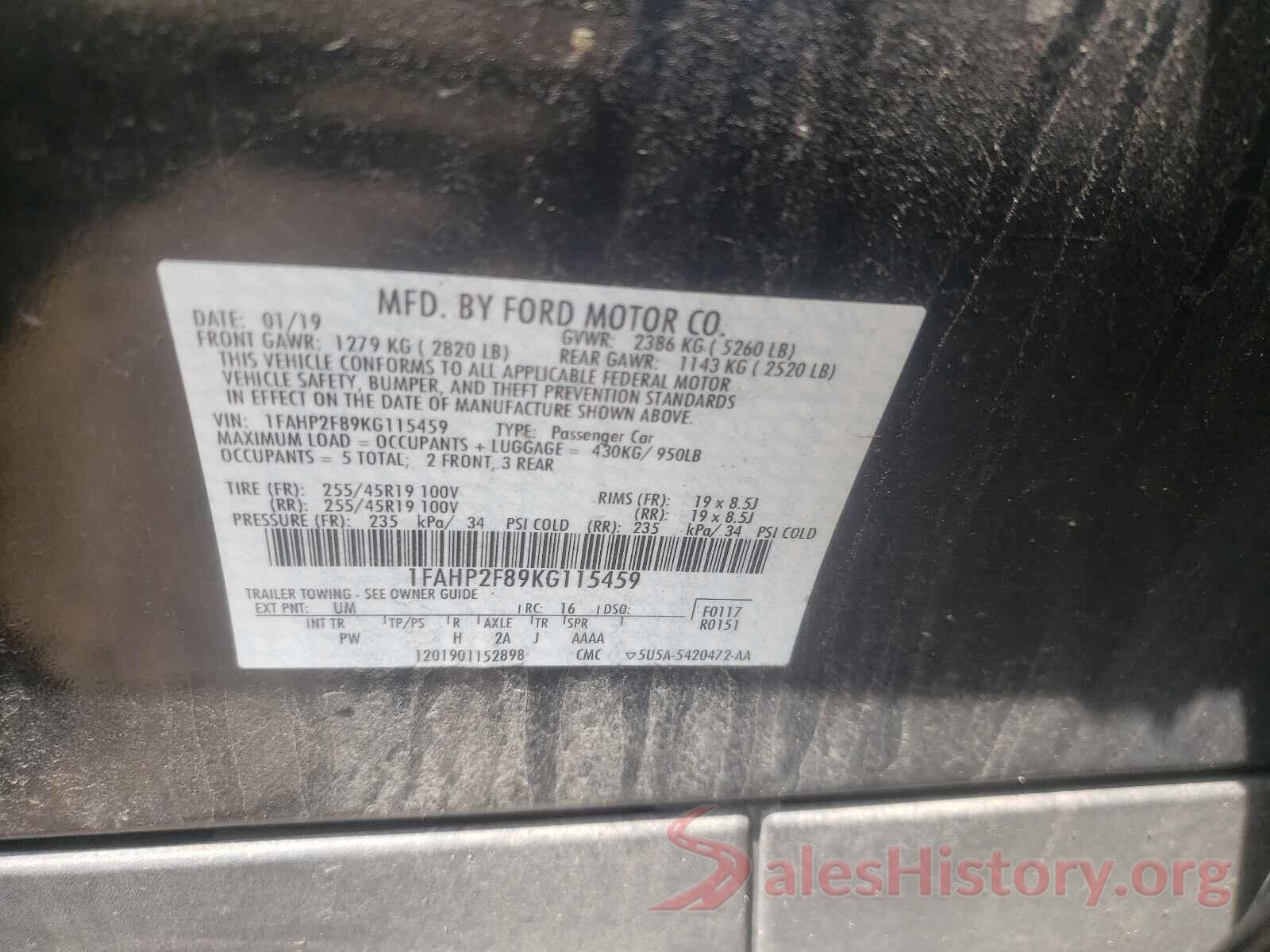 1FAHP2F89KG115459 2019 FORD TAURUS