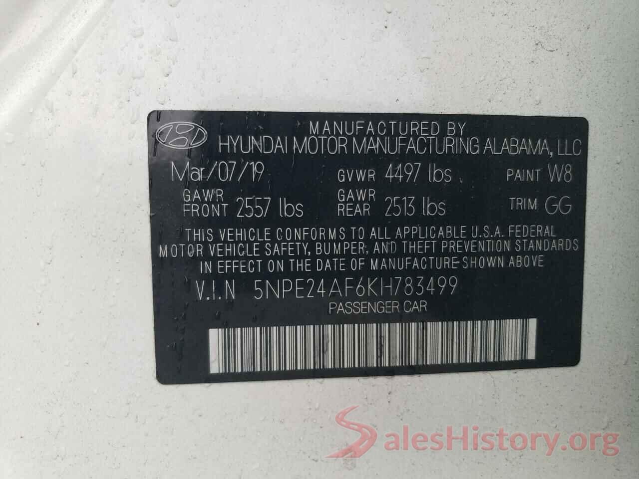 5NPE24AF6KH783499 2019 HYUNDAI SONATA