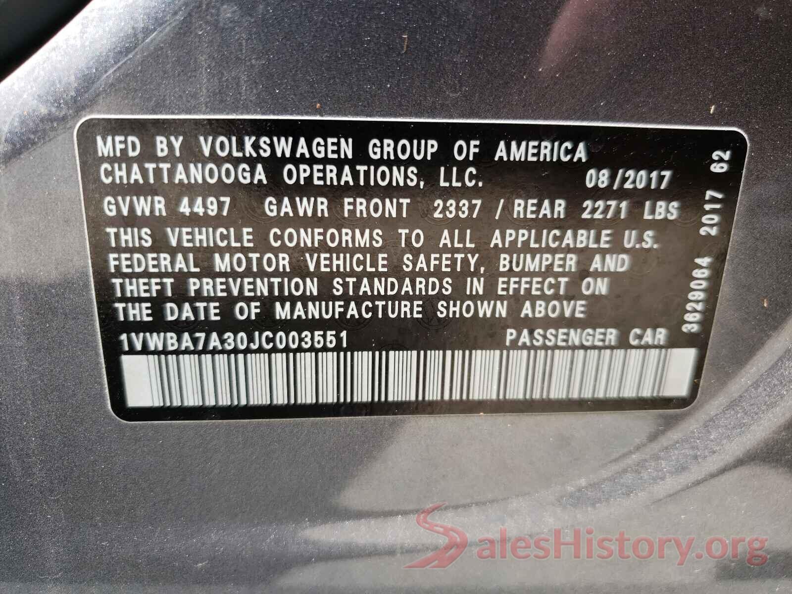 1VWBA7A30JC003551 2018 VOLKSWAGEN PASSAT