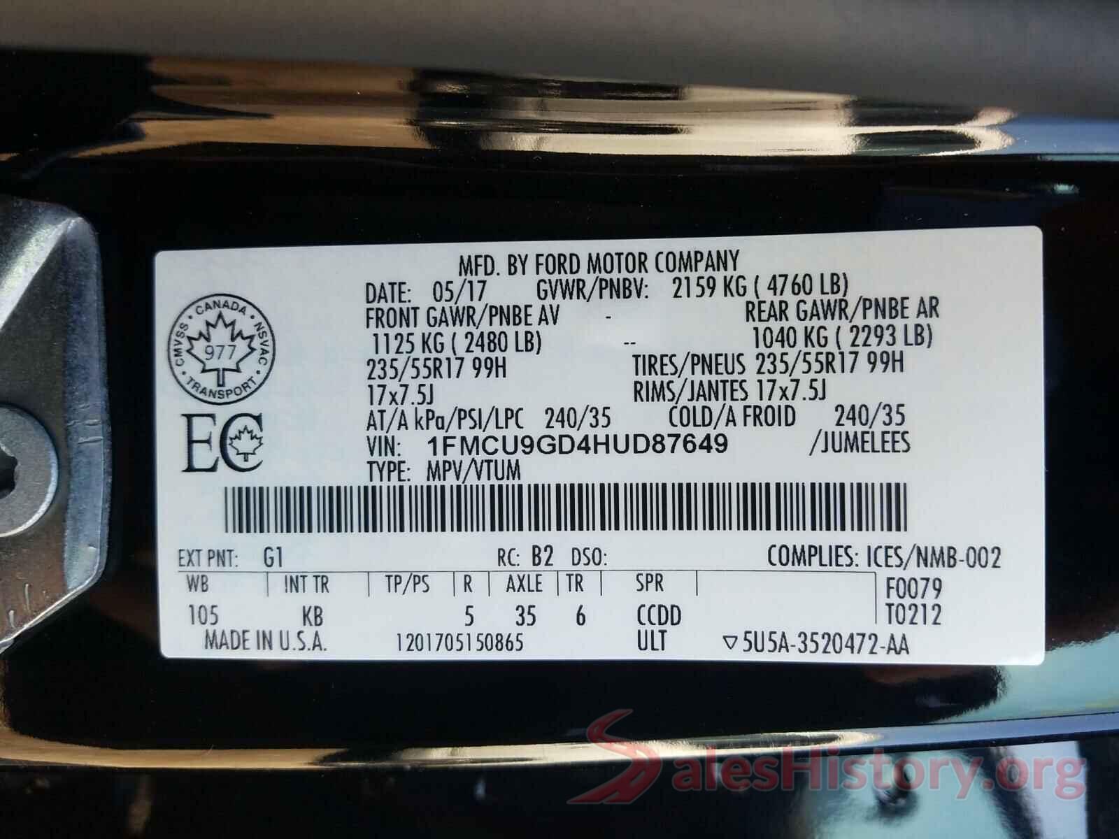 1FMCU9GD4HUD87649 2017 FORD ESCAPE