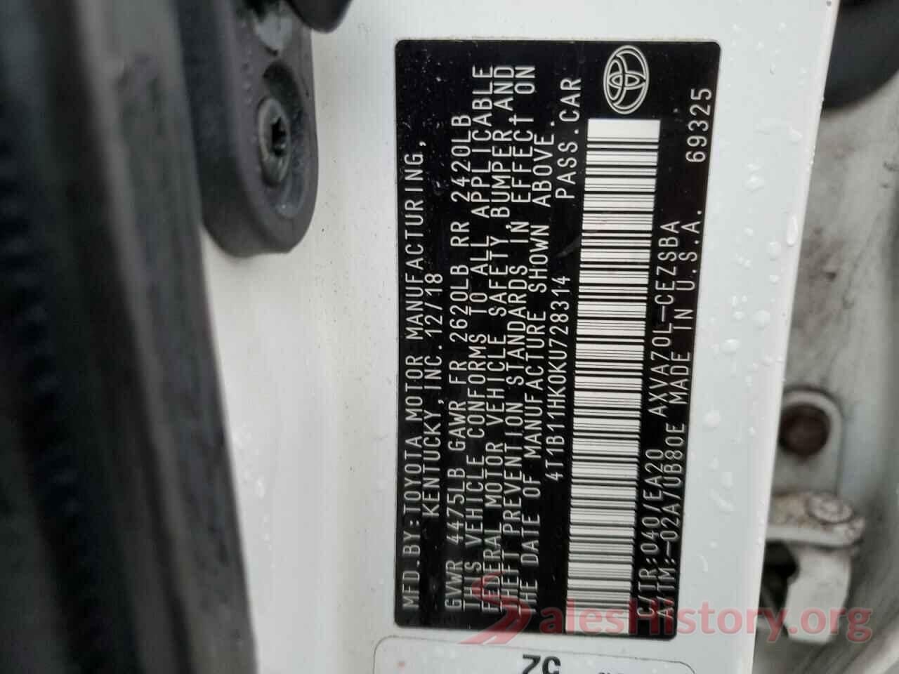 4T1B11HK0KU728314 2019 TOYOTA CAMRY