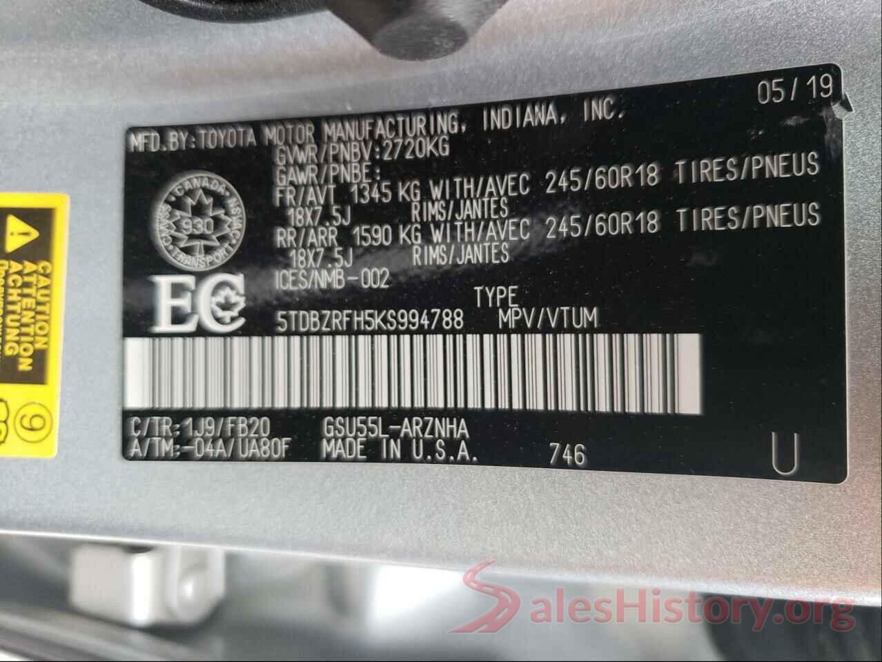 5TDBZRFH5KS994788 2019 TOYOTA HIGHLANDER