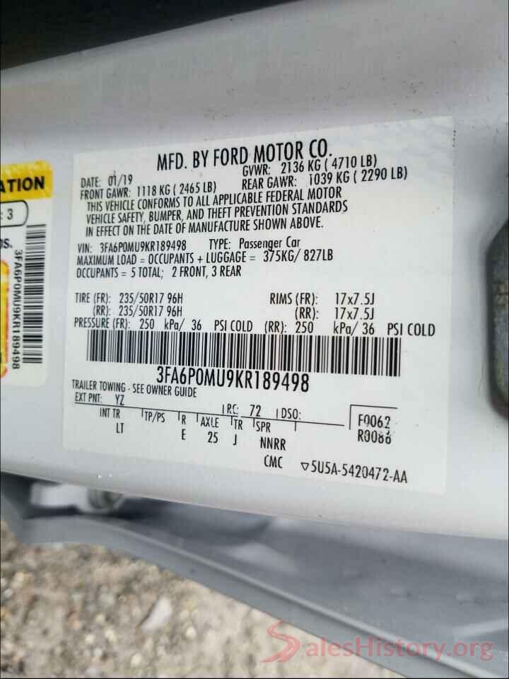 3FA6P0MU9KR189498 2019 FORD FUSION