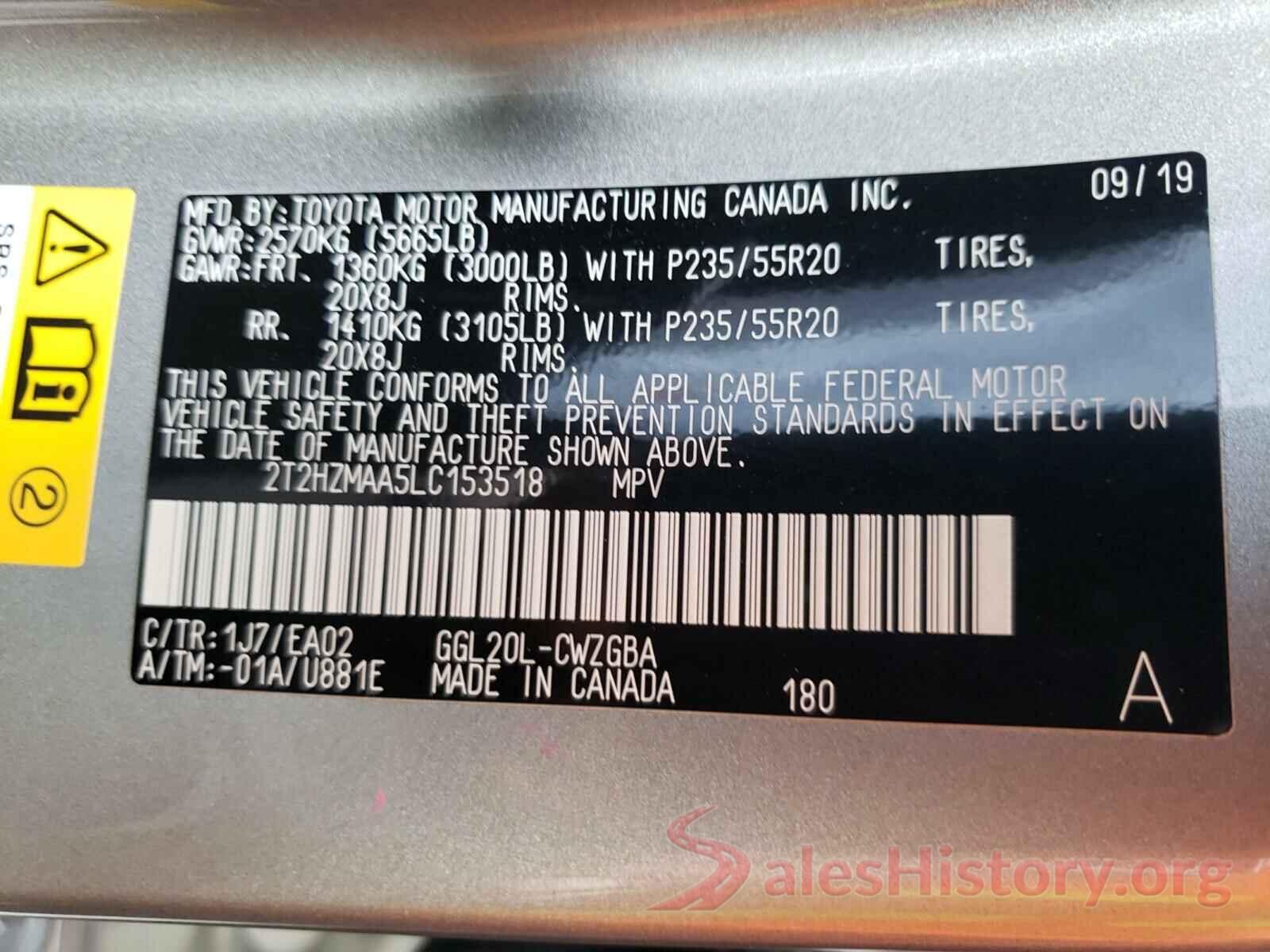 2T2HZMAA5LC153518 2020 LEXUS RX350