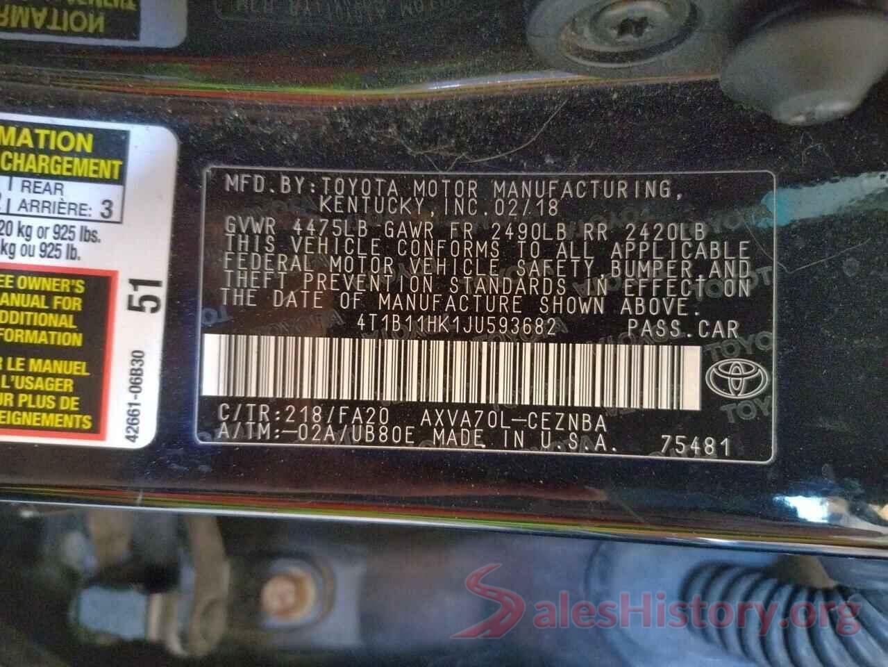 4T1B11HK1JU593682 2018 TOYOTA CAMRY