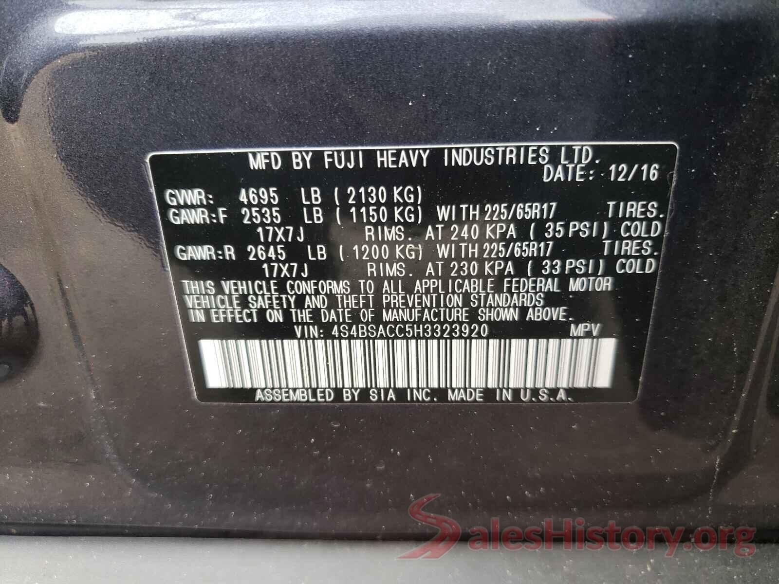 4S4BSACC5H3323920 2017 SUBARU OUTBACK