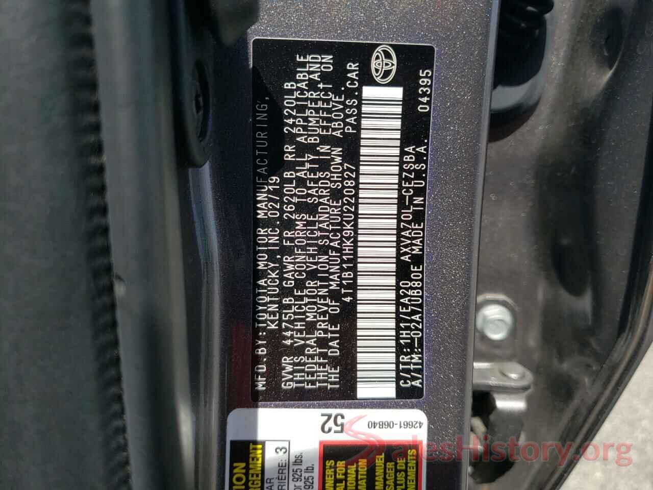 4T1B11HK9KU220827 2019 TOYOTA CAMRY