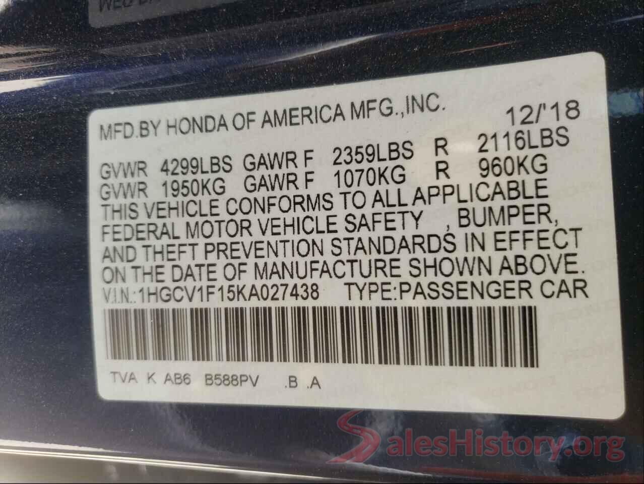 1HGCV1F15KA027438 2019 HONDA ACCORD