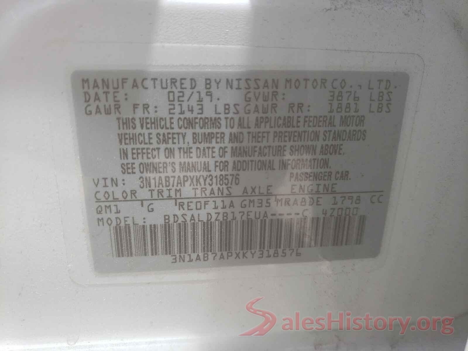 3N1AB7APXKY318576 2019 NISSAN SENTRA