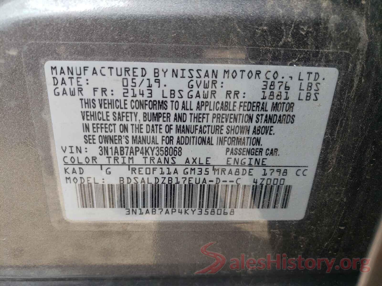 3N1AB7AP4KY358068 2019 NISSAN SENTRA