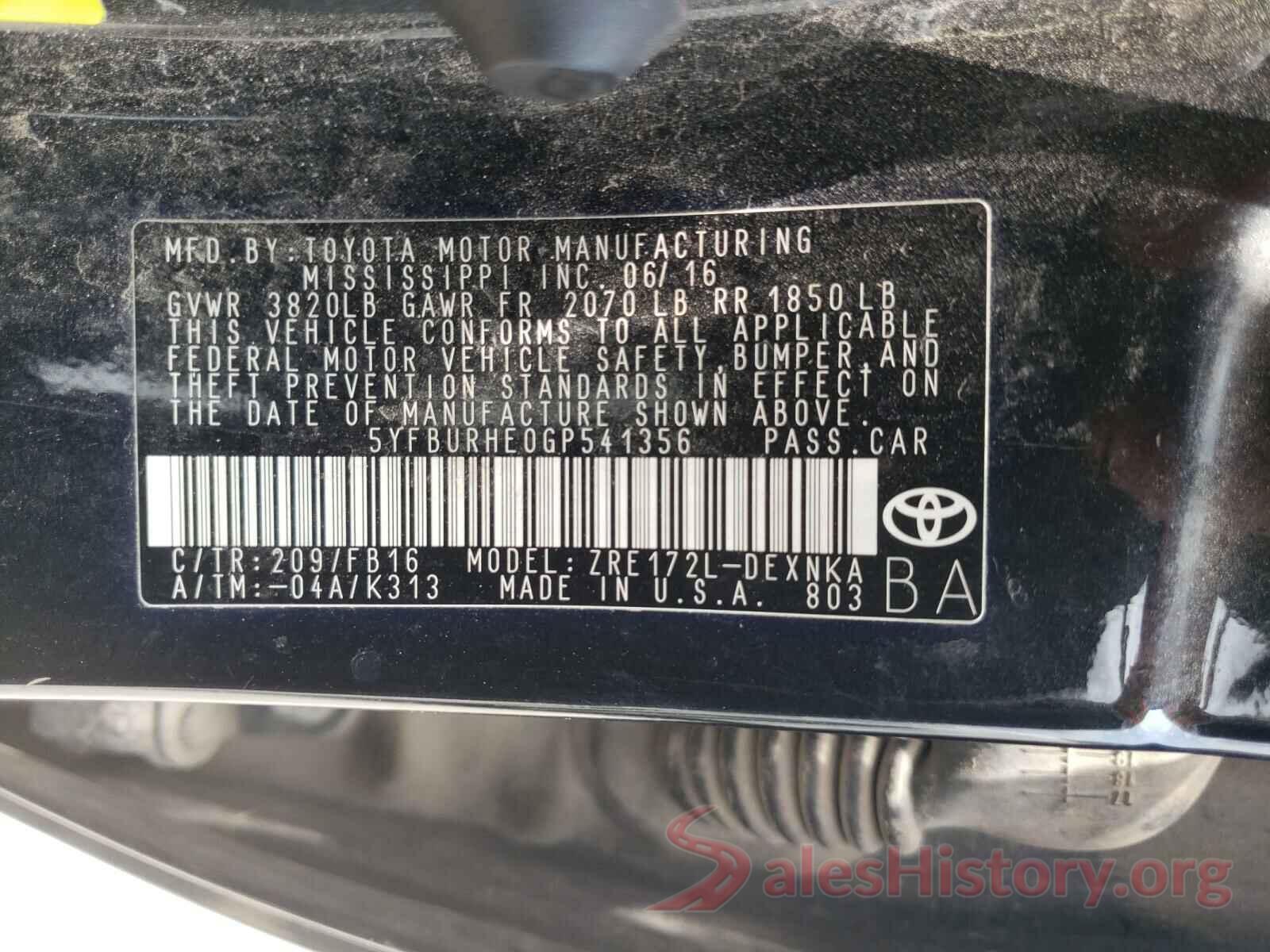 5YFBURHE0GP541356 2016 TOYOTA COROLLA