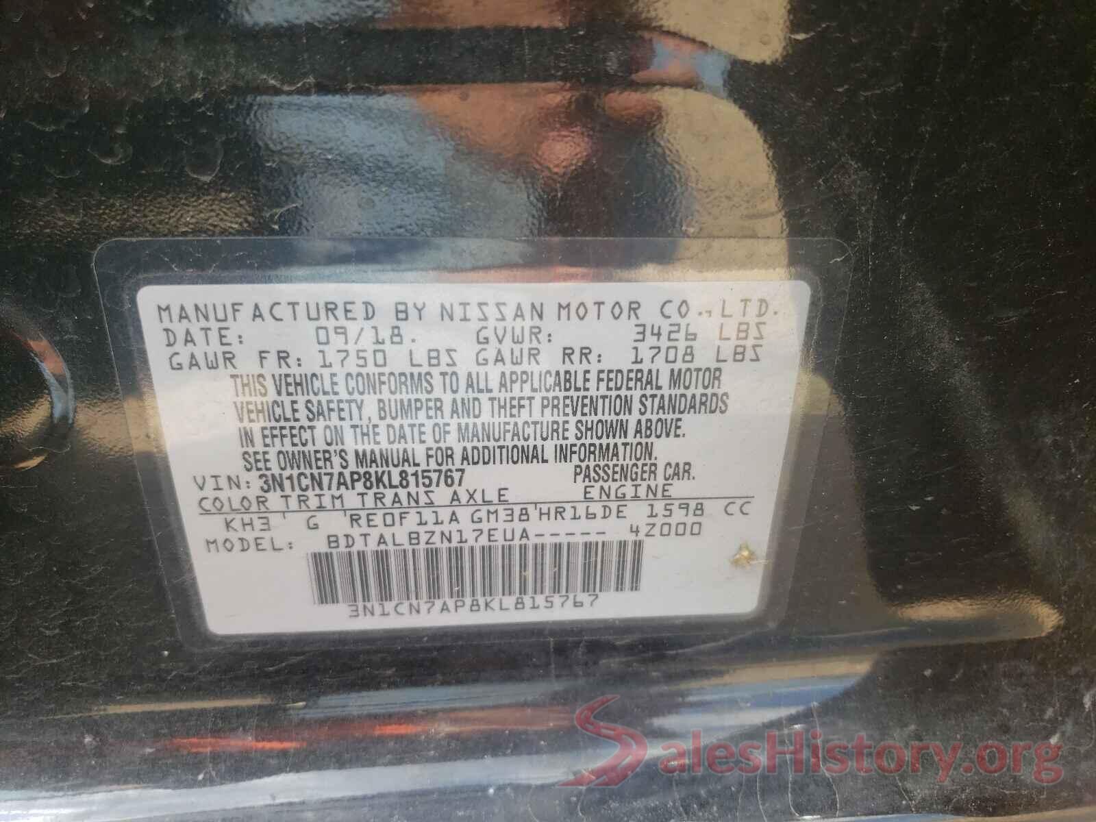 3N1CN7AP8KL815767 2019 NISSAN VERSA