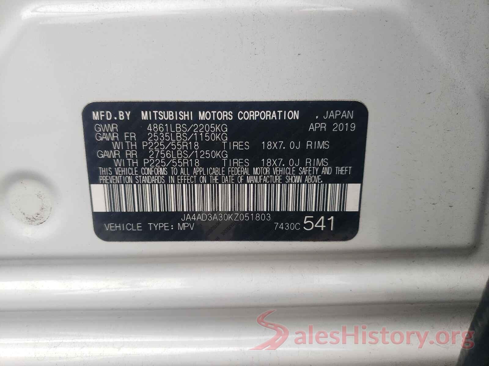 JA4AD3A30KZ051803 2019 MITSUBISHI OUTLANDER