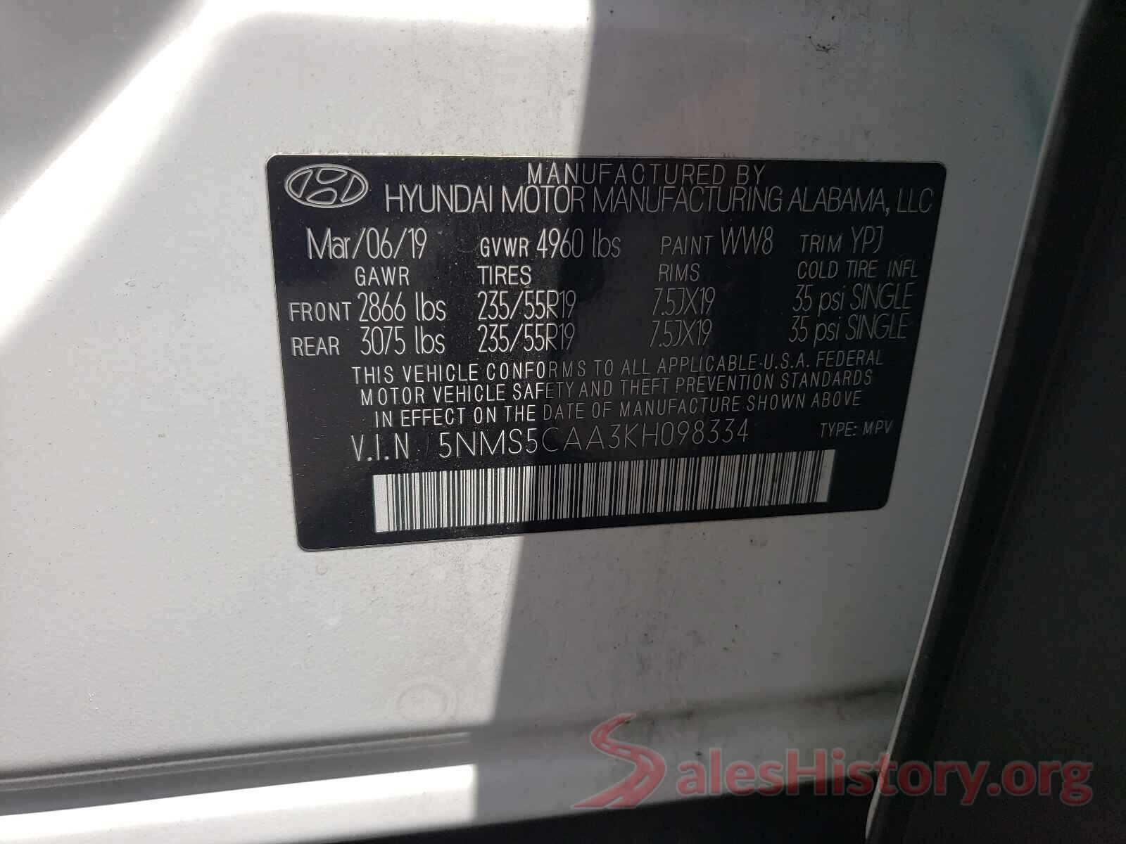 5NMS5CAA3KH098334 2019 HYUNDAI SANTA FE