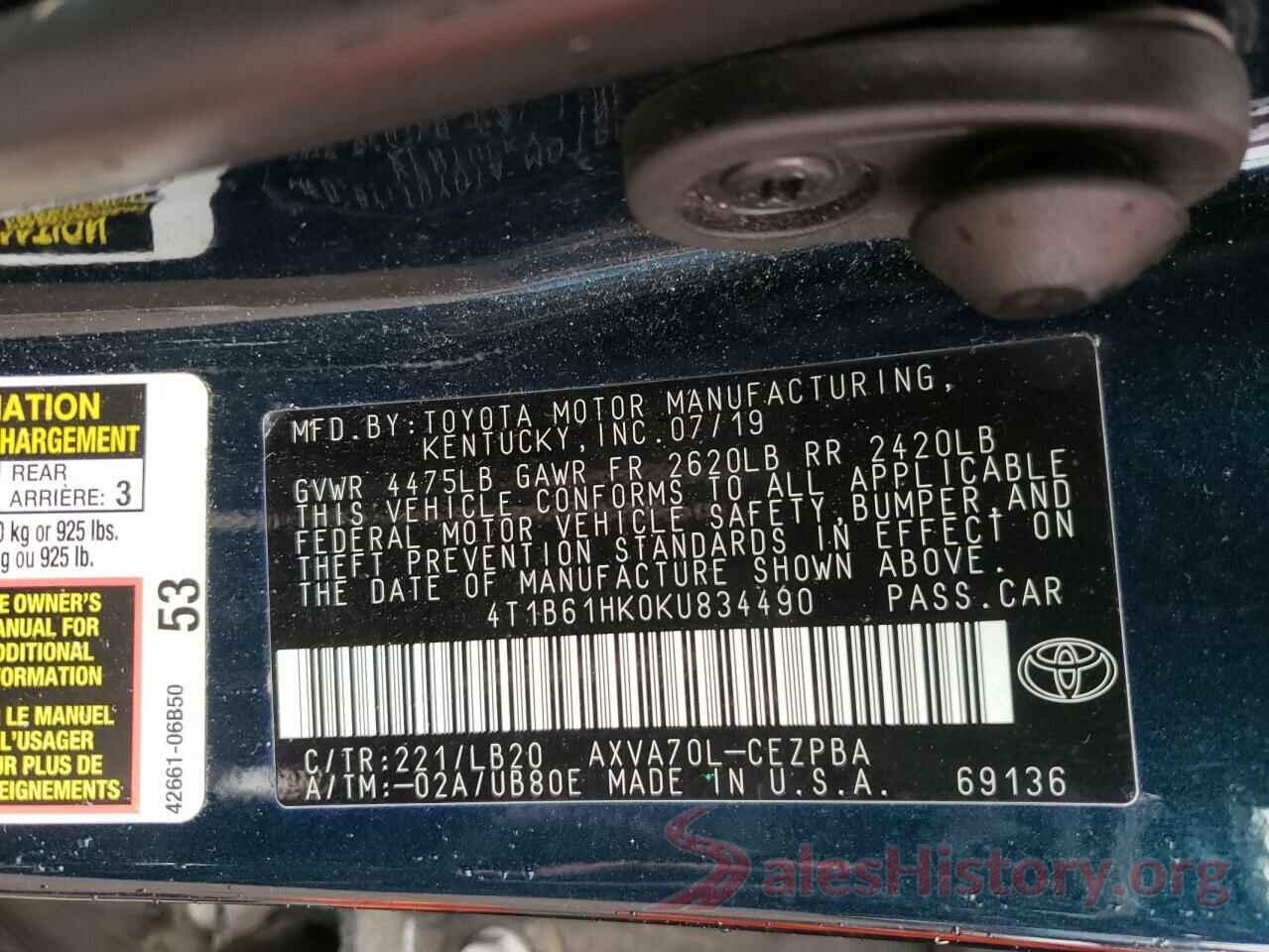 4T1B61HK0KU834490 2019 TOYOTA CAMRY