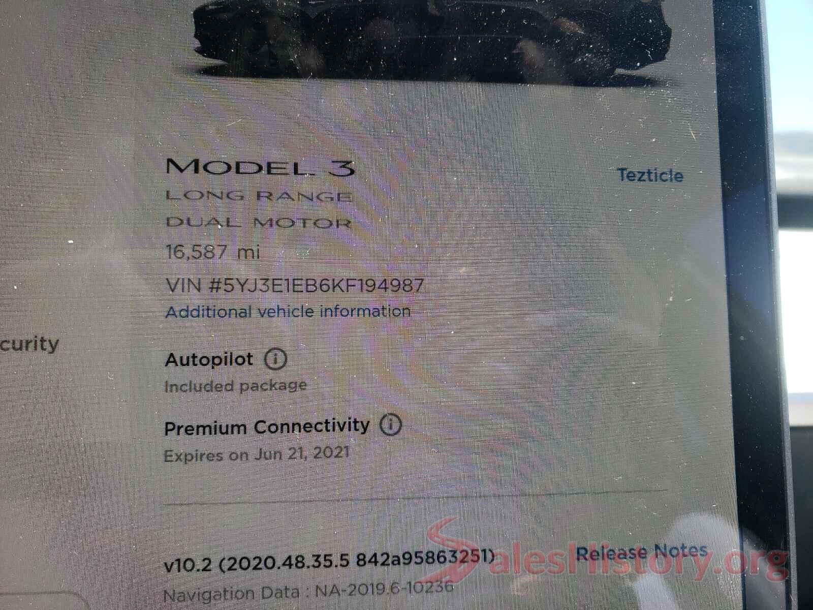 5YJ3E1EB6KF194987 2019 TESLA MODEL 3