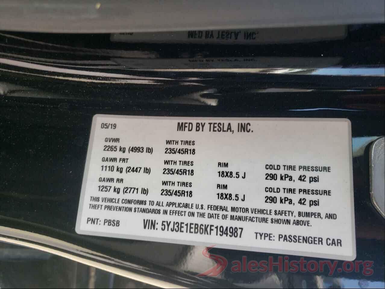 5YJ3E1EB6KF194987 2019 TESLA MODEL 3