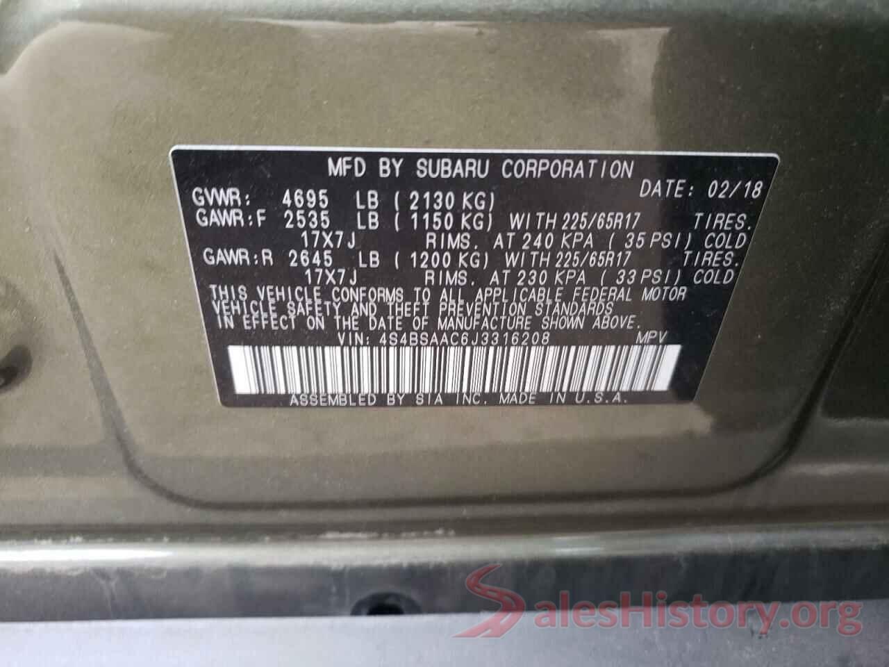 4S4BSAAC6J3316208 2018 SUBARU OUTBACK