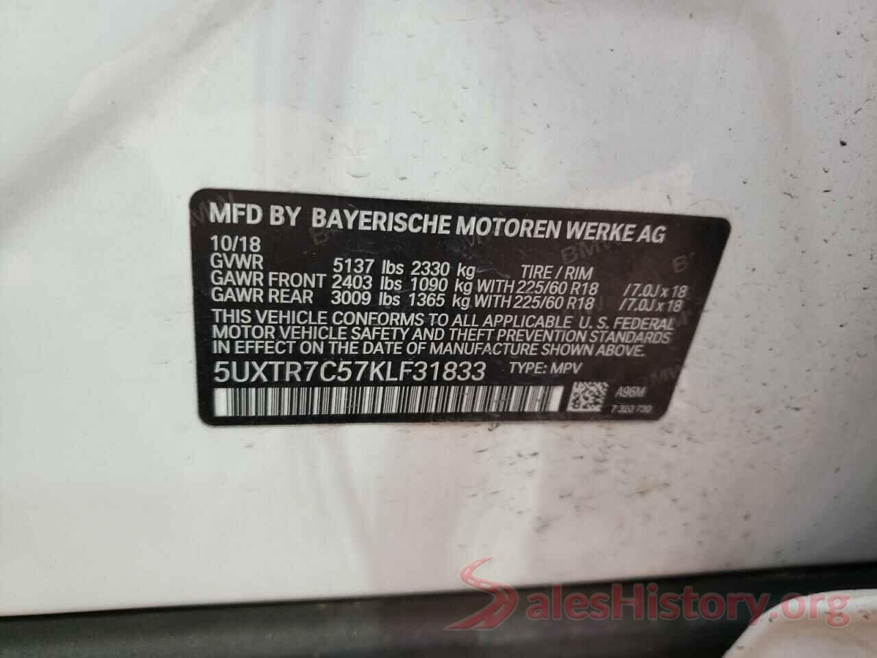 5UXTR7C57KLF31833 2019 BMW X3