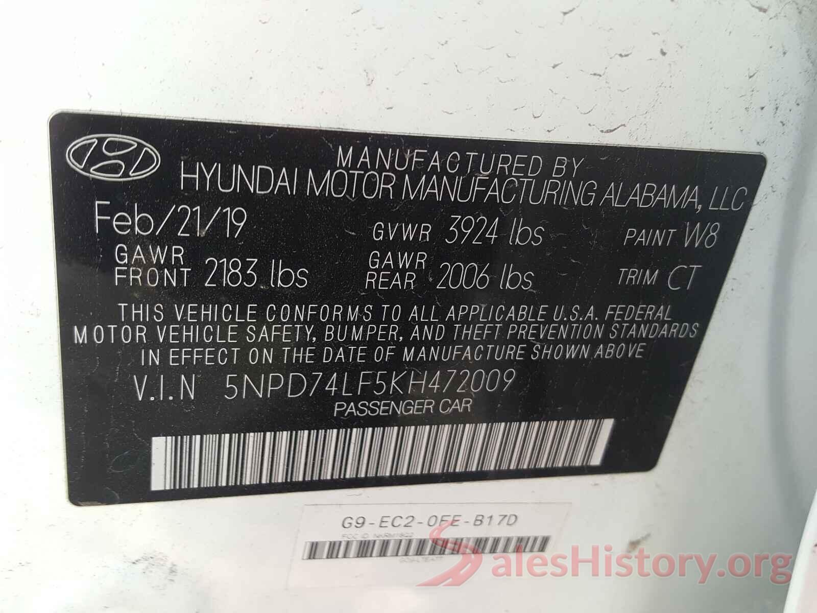 5NPD74LF5KH472009 2019 HYUNDAI ELANTRA