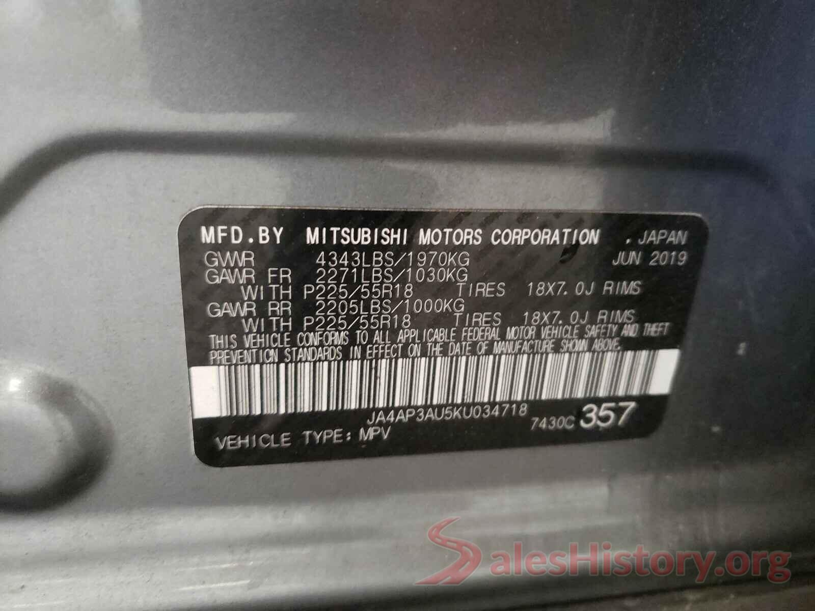 JA4AP3AU5KU034718 2019 MITSUBISHI OUTLANDER