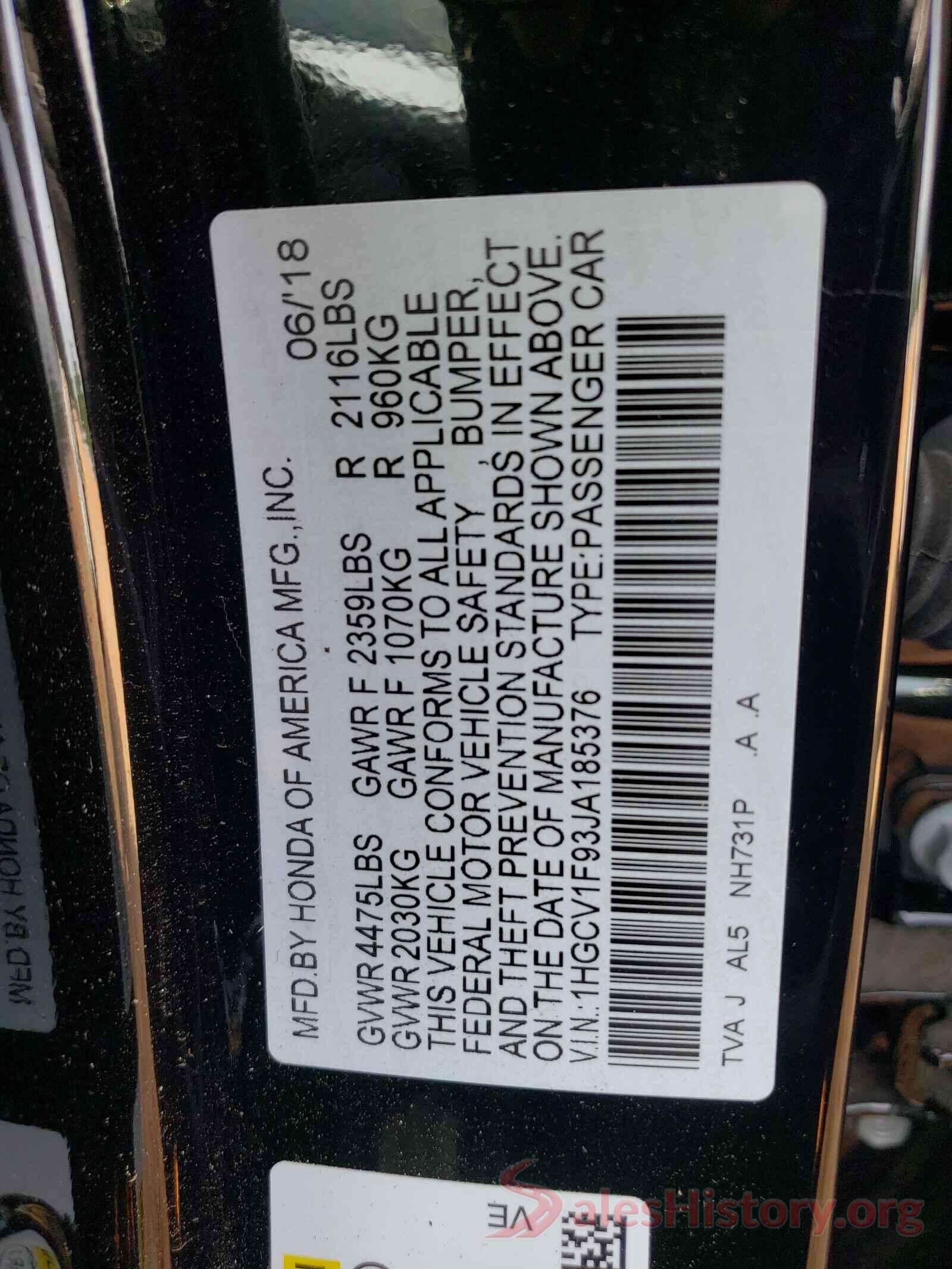 1HGCV1F93JA185376 2018 HONDA ACCORD