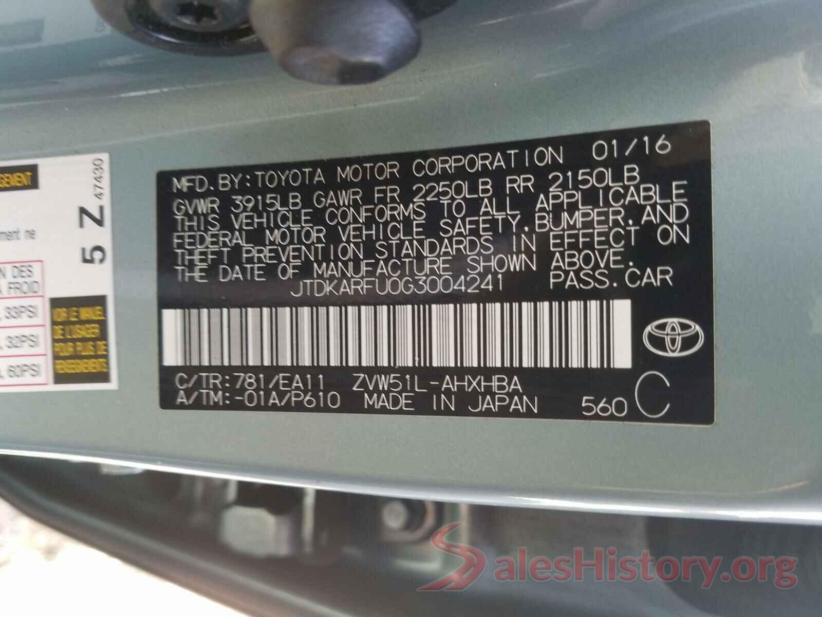 JTDKARFU0G3004241 2016 TOYOTA PRIUS