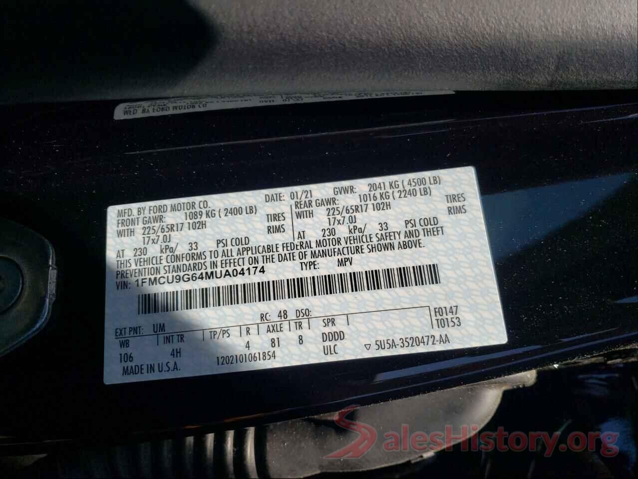 1FMCU9G64MUA04174 2021 FORD ESCAPE