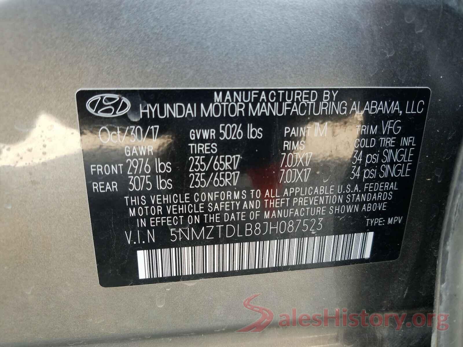 5NMZTDLB8JH087523 2018 HYUNDAI SANTA FE