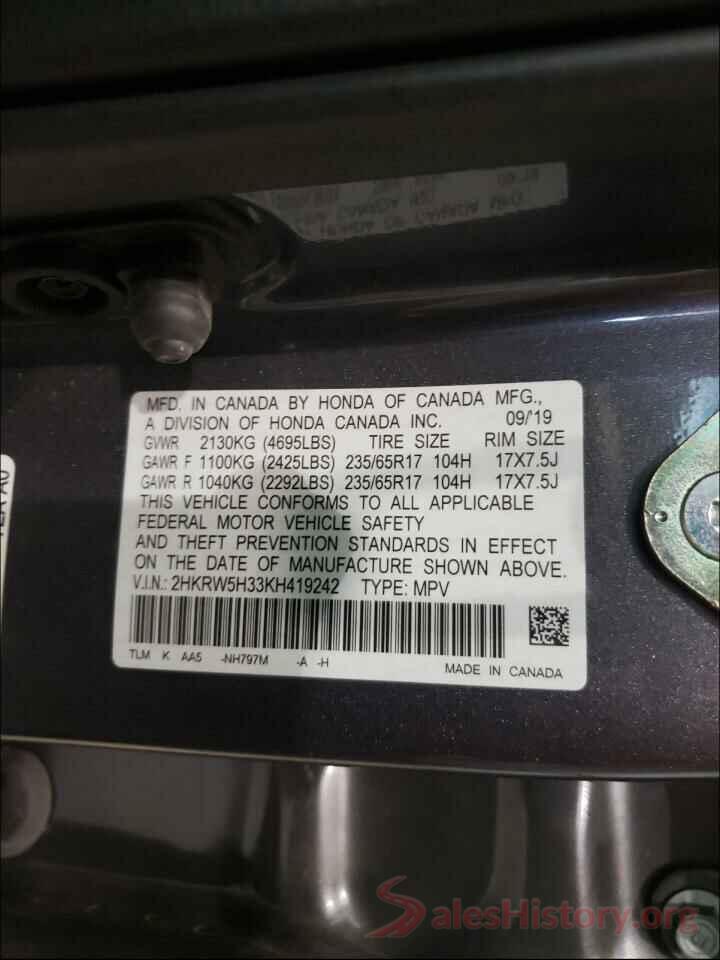 2HKRW5H33KH419242 2019 HONDA CRV