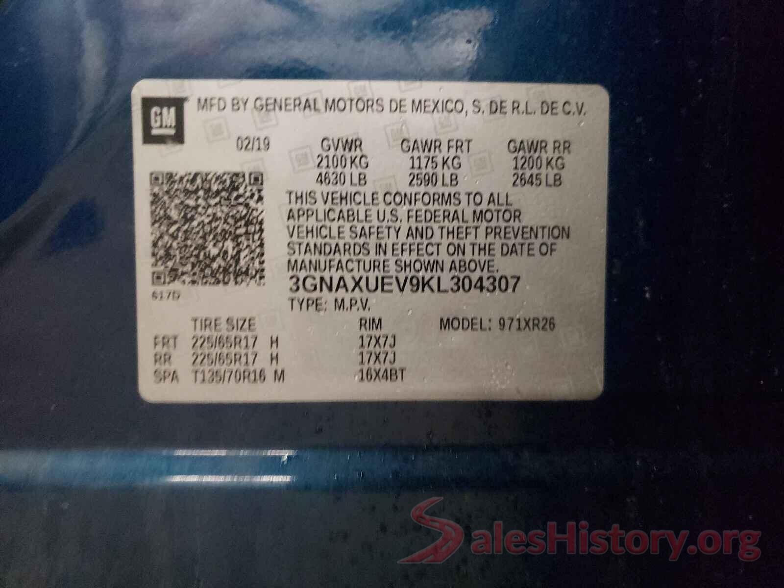 3GNAXUEV9KL304307 2019 CHEVROLET EQUINOX