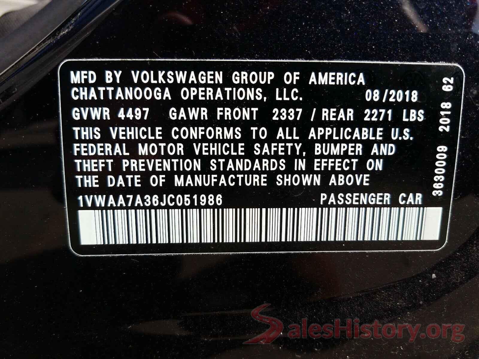 1VWAA7A36JC051986 2018 VOLKSWAGEN PASSAT