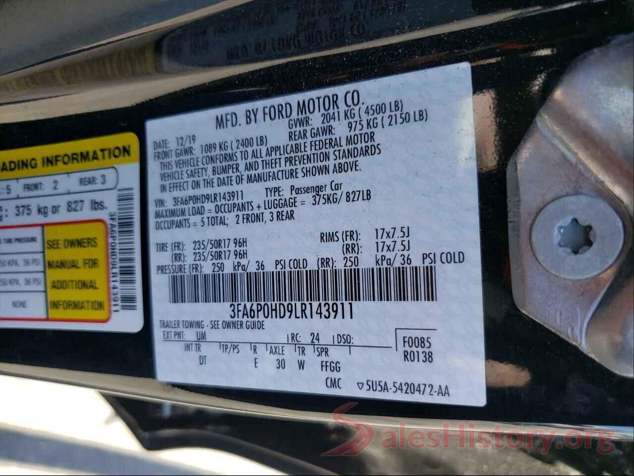 3FA6P0HD9LR143911 2020 FORD FUSION