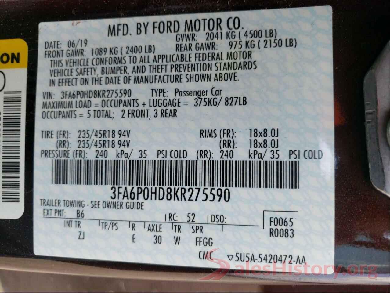 3FA6P0HD8KR275590 2019 FORD FUSION