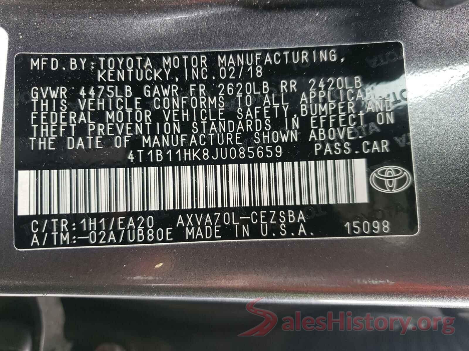 4T1B11HK8JU085659 2018 TOYOTA CAMRY