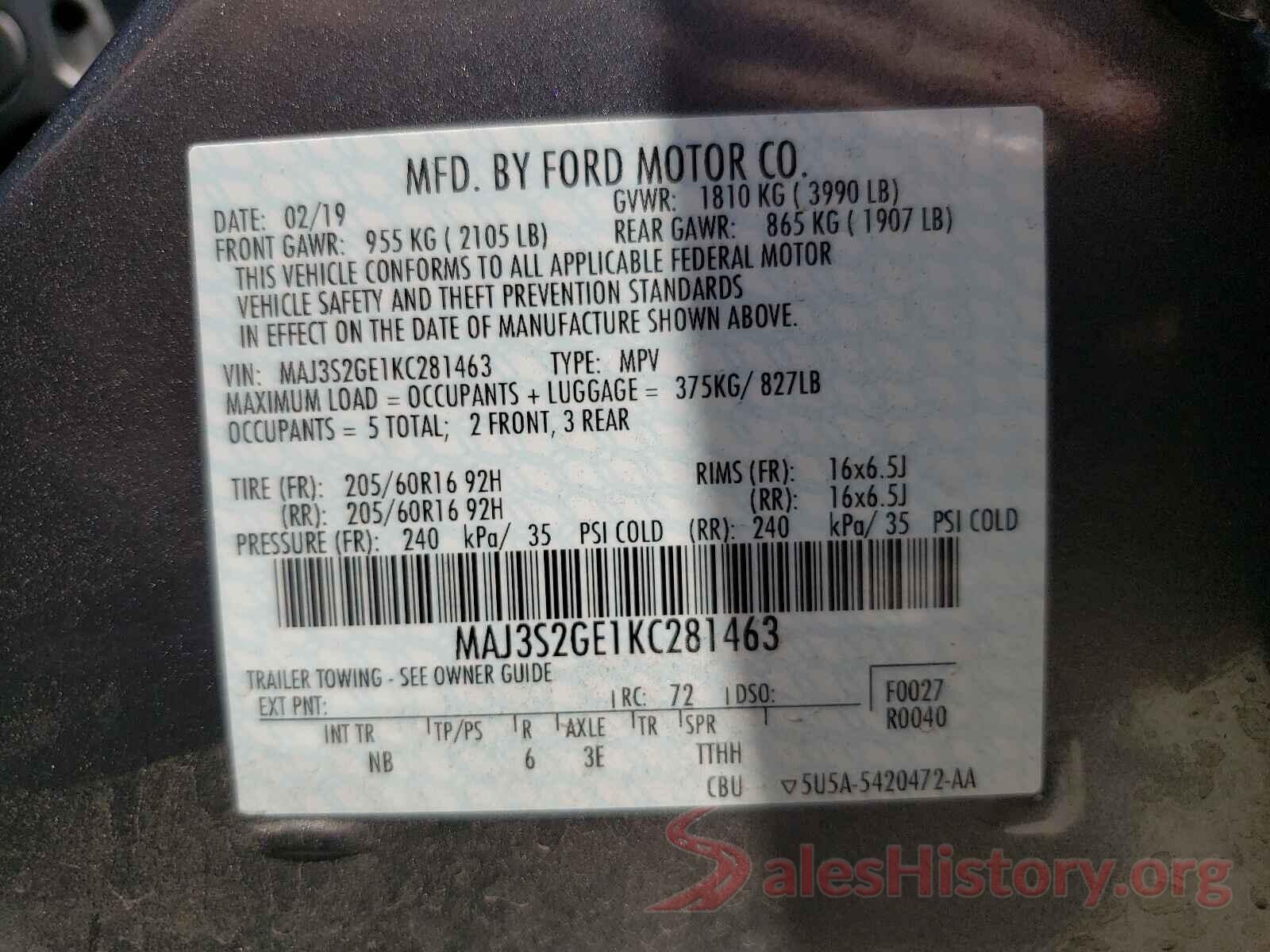 MAJ3S2GE1KC281463 2019 FORD ALL OTHER