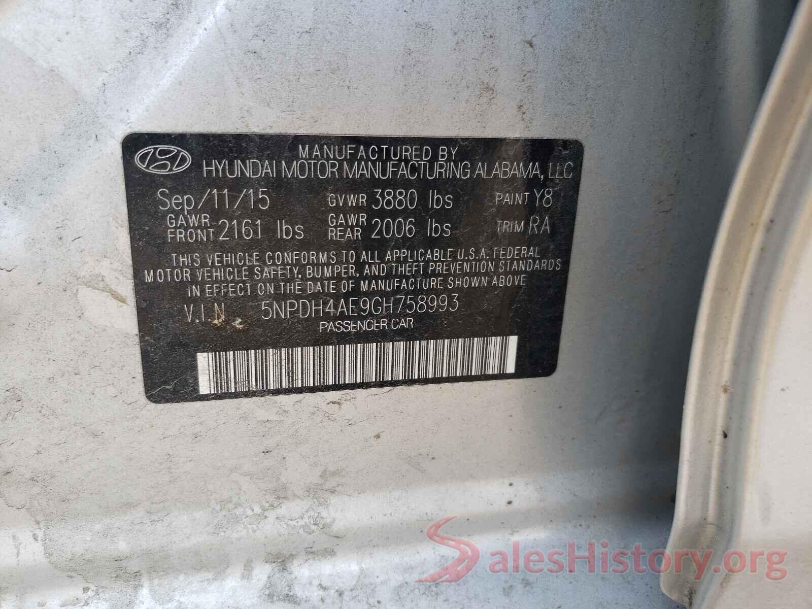 5NPDH4AE9GH758993 2016 HYUNDAI ELANTRA